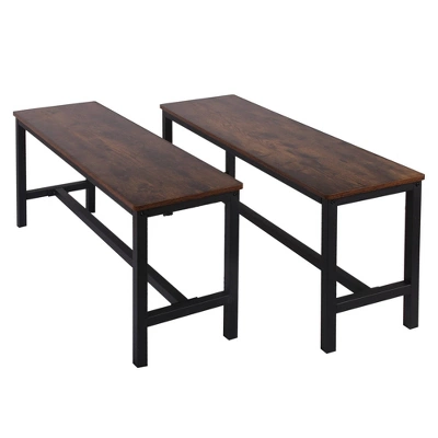 Set Of 2 Wooden Top Indoor Bench With Metal Legs Brown/Black - Benzara - Image 2