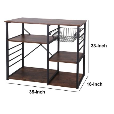 Wood And Metal Bakers Rack With 4 Shelves And Wire Basket Brown/Black - Benzara - Image 8
