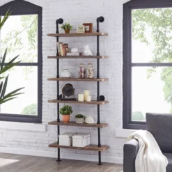 Modern Industrial 6-Tier Iron Pipe Wall Mount Ladder Shelf Distressed Wood - Danya B.