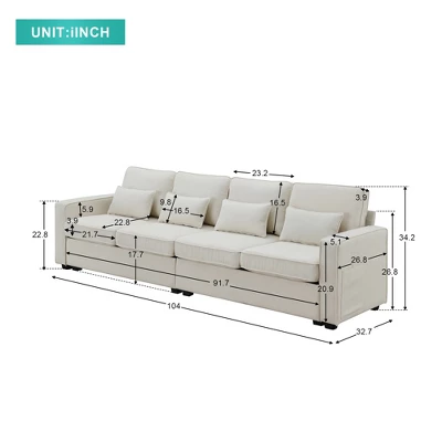 104" 4-Seater Modern Minimalist Linen Fabric Sofa With Arm Pockets And 4 Pillows - ModernLuxe - Image 2