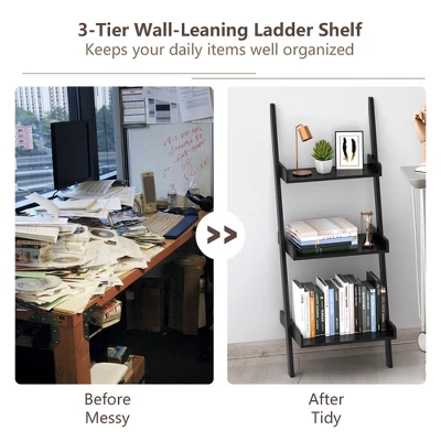 Costway 3 Tier Leaning Rack Wall Ladder Book Shelf Bookcase Storage Display Multipurpose - Image 8
