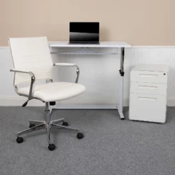 Flash Furniture Work From Home Kit - White Adjustable Computer Desk, LeatherSoft Office Chair And Inset Handle Locking Mobile Filing Cabinet