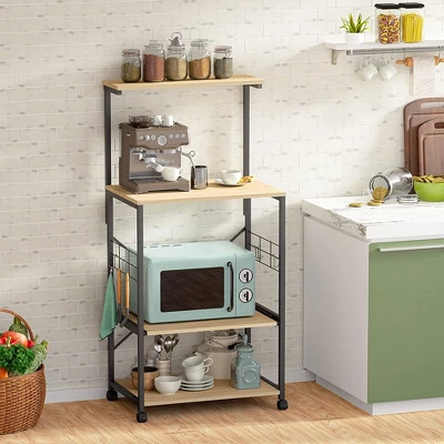 Bestier 4 Tier Shelves Portable Utility Kitchen Storage Baker's Rack Organizer Cart Stand With Adjustable Wheels And Side Hooks, 49 Inch, Oak - Image 2