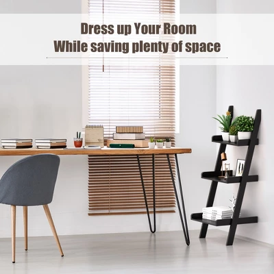 Costway 3 Tier Leaning Rack Wall Ladder Book Shelf Bookcase Storage Display Multipurpose - Image 7